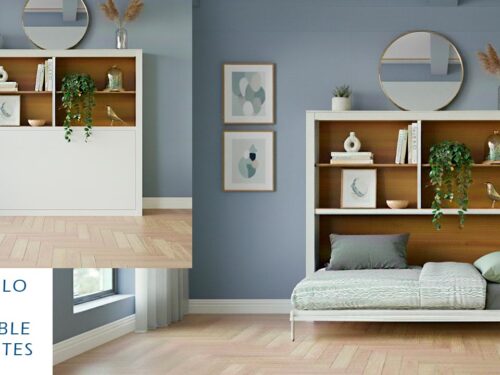 Modulo cama abatible horizontal con estantes.