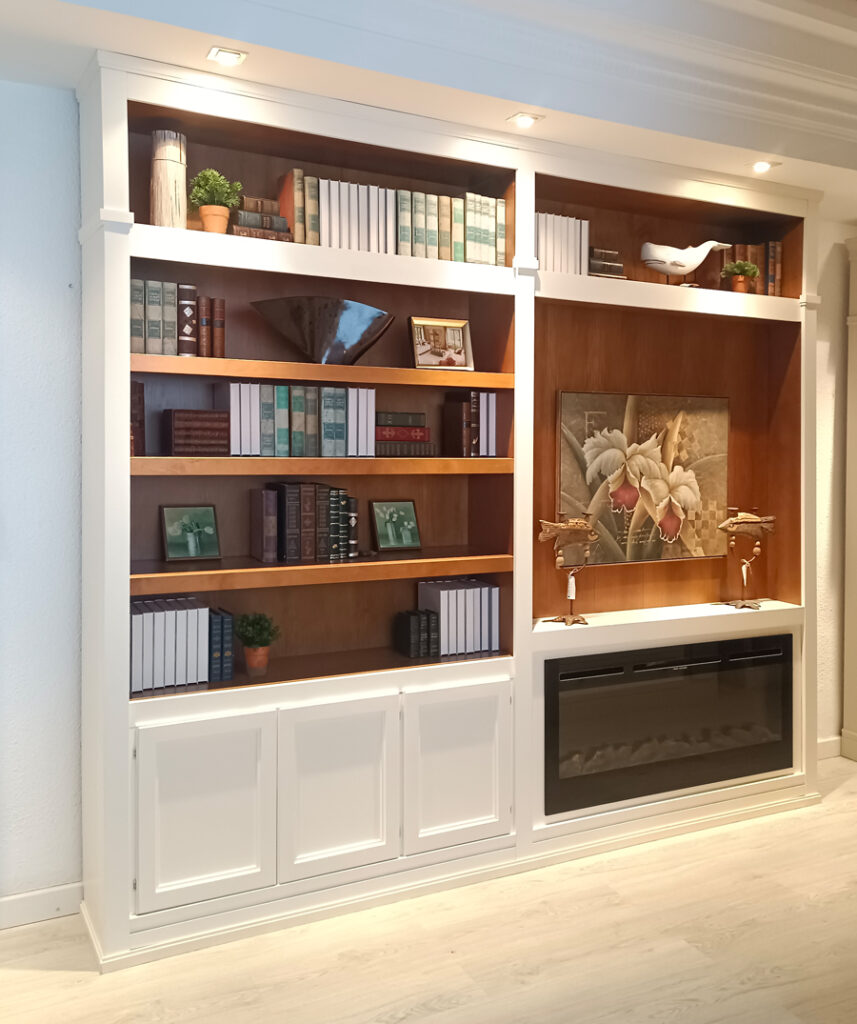 Librería para TV colgada y chimenea LED