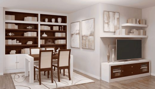 base TV con librería y comedor a juego