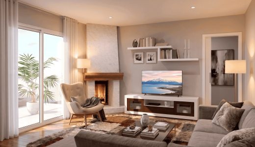 base TV bicolor con estantes pared