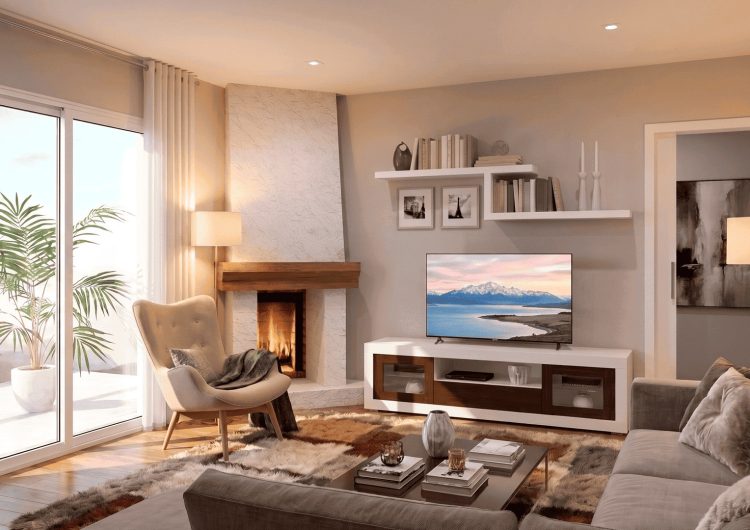 base TV bicolor con estantes pared