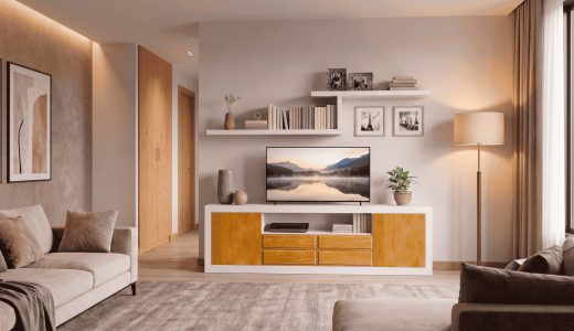 base TV con estantes TV roble