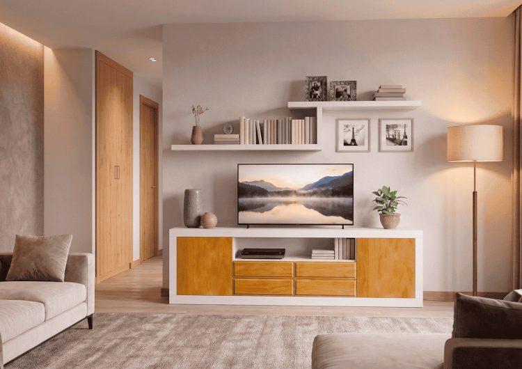 base TV con estantes TV roble