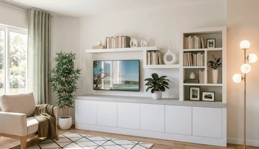 base TV con librería asimétrica y estantes pared