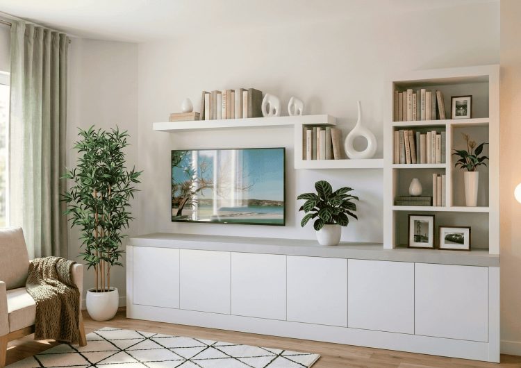 base TV con librería asimétrica y estantes pared