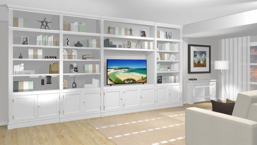 Gran salón con TV librería y puertas