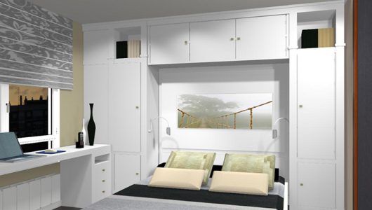 Cama entre armarios con puente