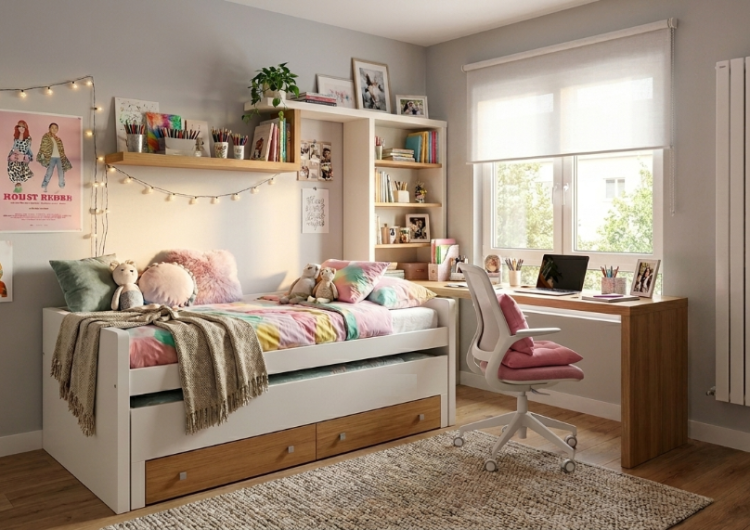 Dormitorio juvenil con cama extraible cajones