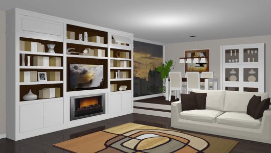 Salon con chimenea a techo laca y barniz