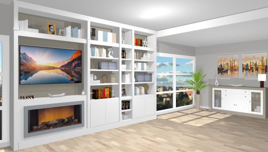 Salon con chimenea dos lacas con profundidad