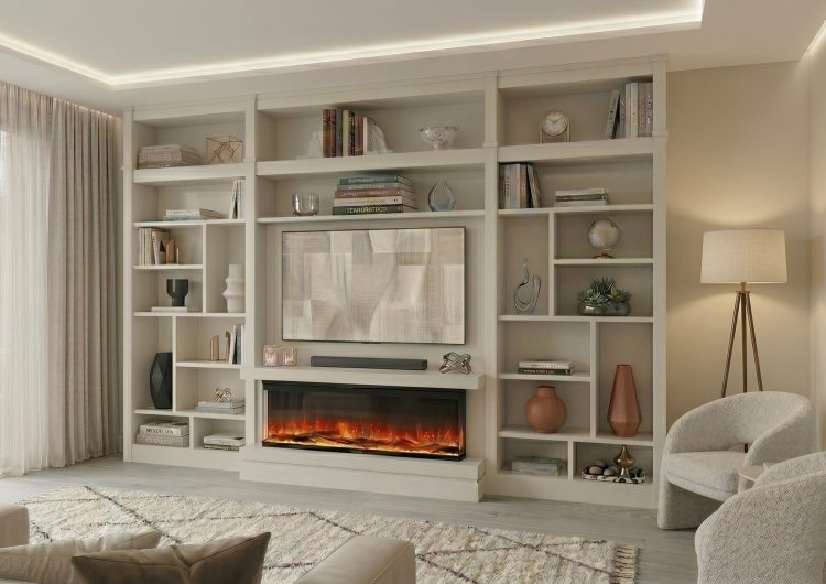 libreria multiple con chimenea panoramica