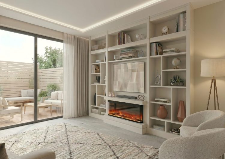 libreria multiple con chimenea panoramica leds