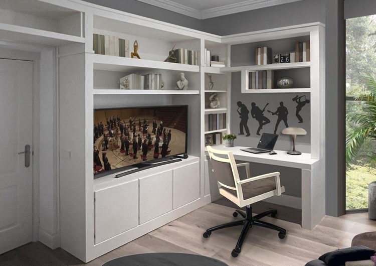 mesa enlazada a mueble TV con juego de estantes